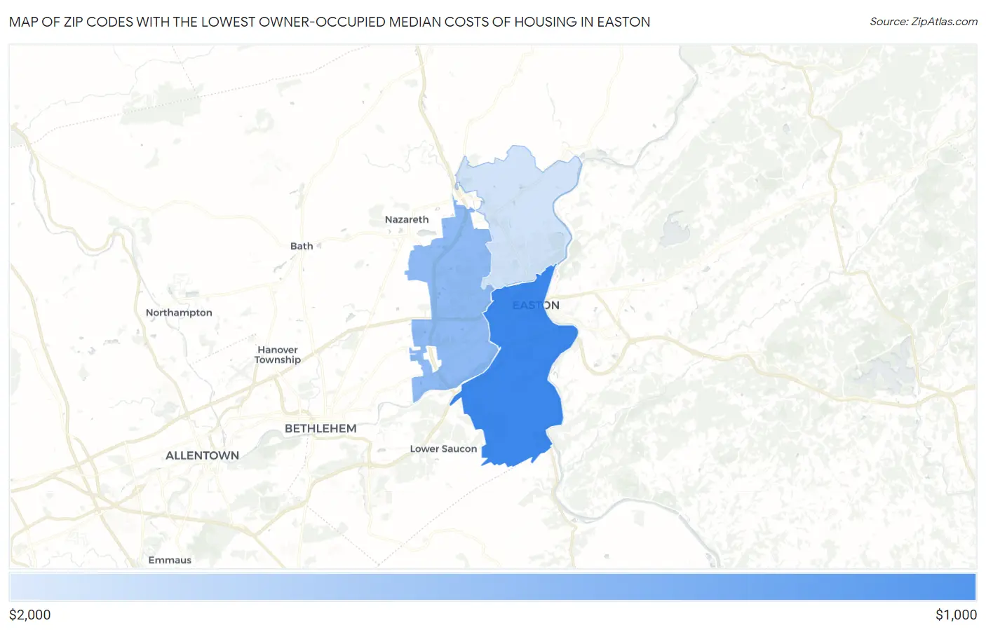 Zip Codes with the Lowest Owner-Occupied Median Costs of Housing in Easton Map