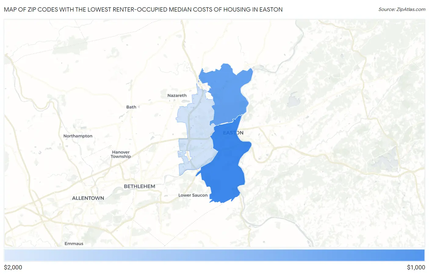 Zip Codes with the Lowest Renter-Occupied Median Costs of Housing in Easton Map