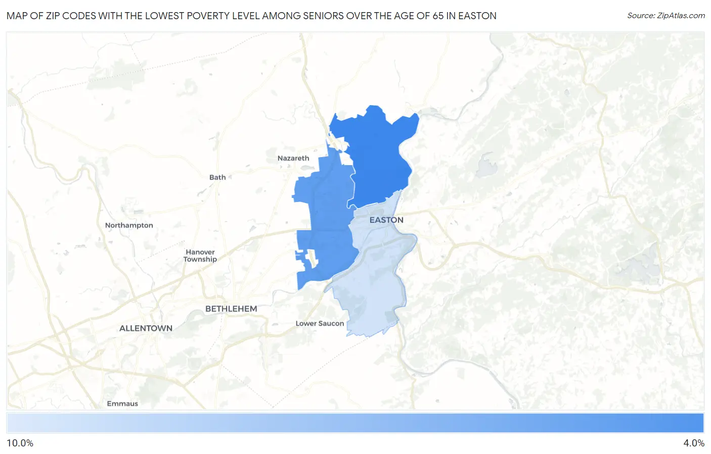Zip Codes with the Lowest Poverty Level Among Seniors Over the Age of 65 in Easton Map