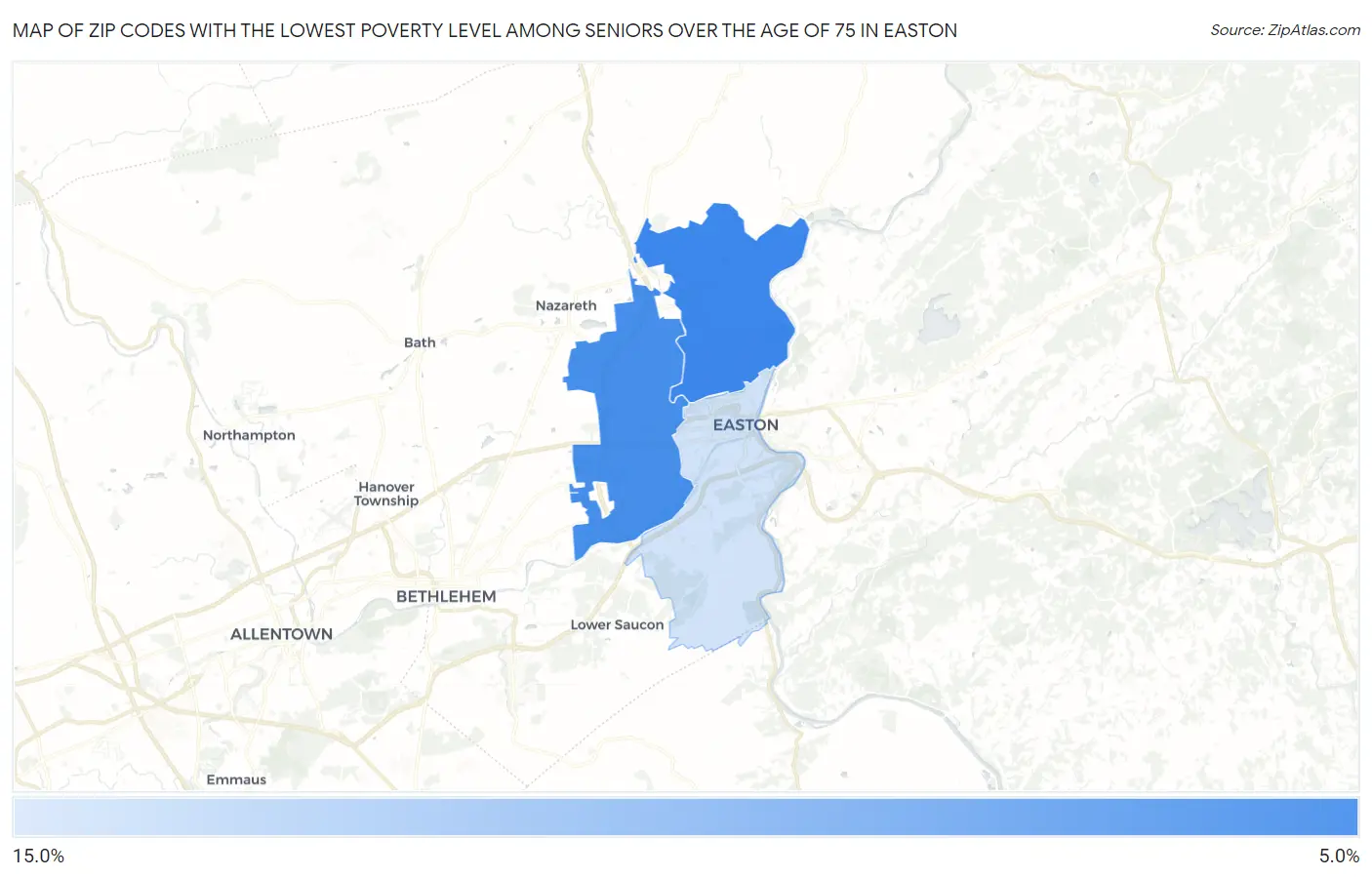 Zip Codes with the Lowest Poverty Level Among Seniors Over the Age of 75 in Easton Map