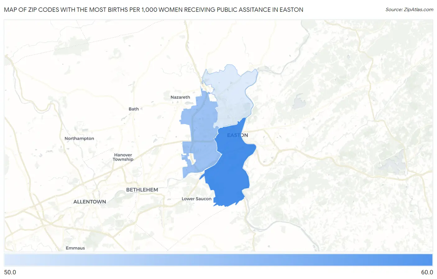 Zip Codes with the Most Births per 1,000 Women Receiving Public Assitance in Easton Map