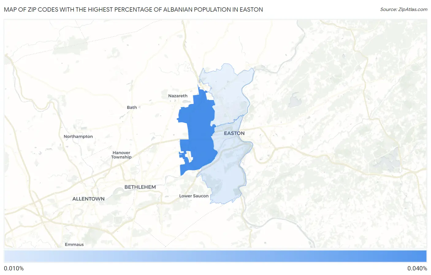 Zip Codes with the Highest Percentage of Albanian Population in Easton Map