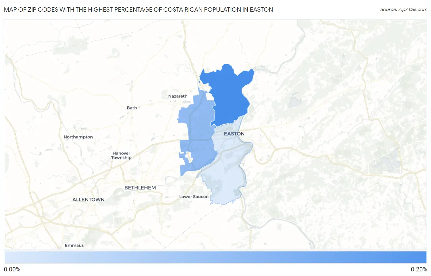 Zip Codes with the Highest Percentage of Costa Rican Population in Easton Map