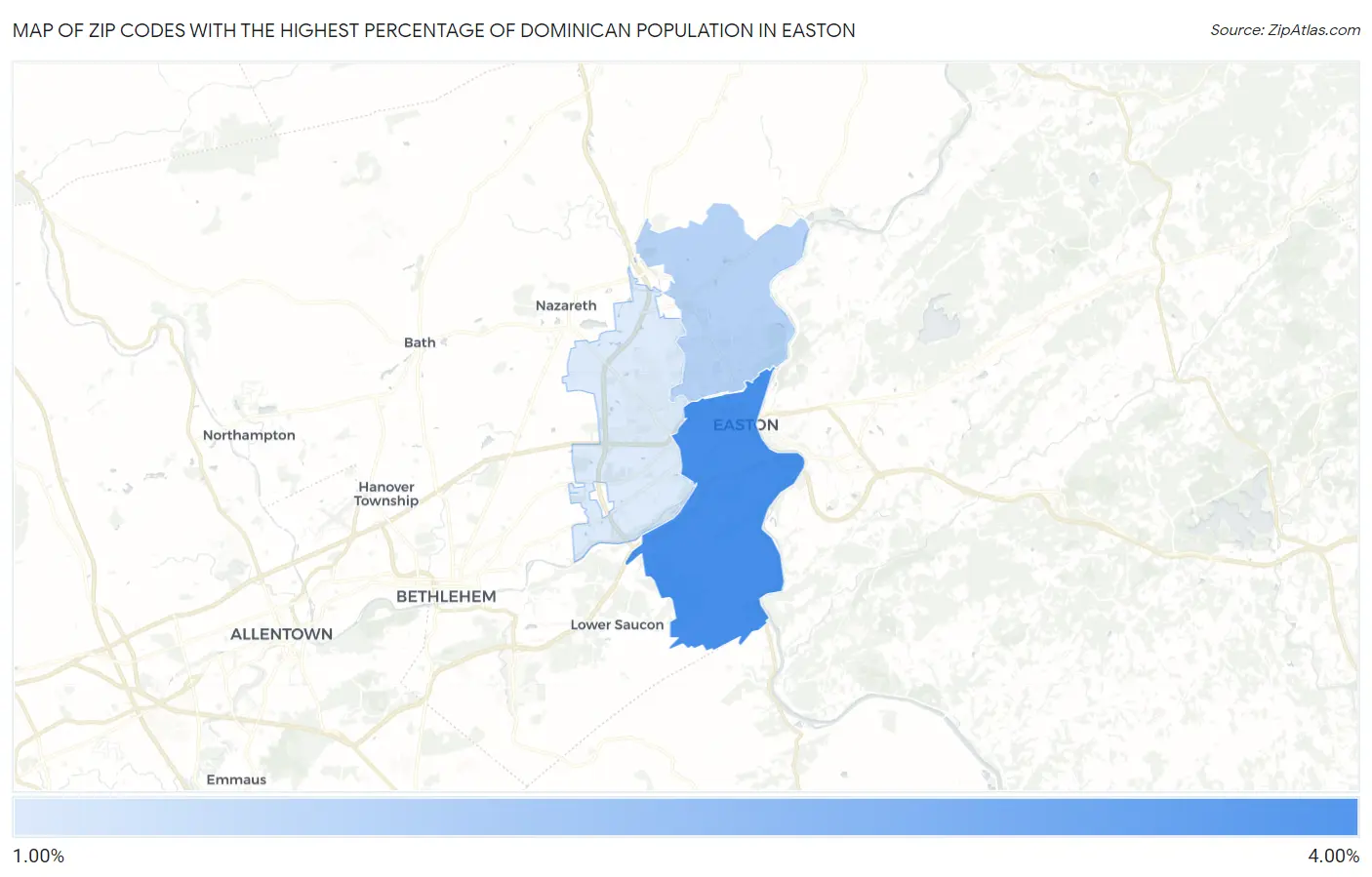 Zip Codes with the Highest Percentage of Dominican Population in Easton Map