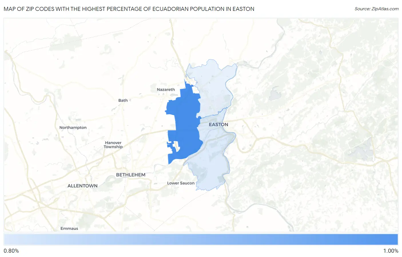 Zip Codes with the Highest Percentage of Ecuadorian Population in Easton Map
