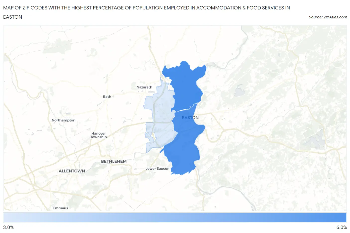 Zip Codes with the Highest Percentage of Population Employed in Accommodation & Food Services in Easton Map