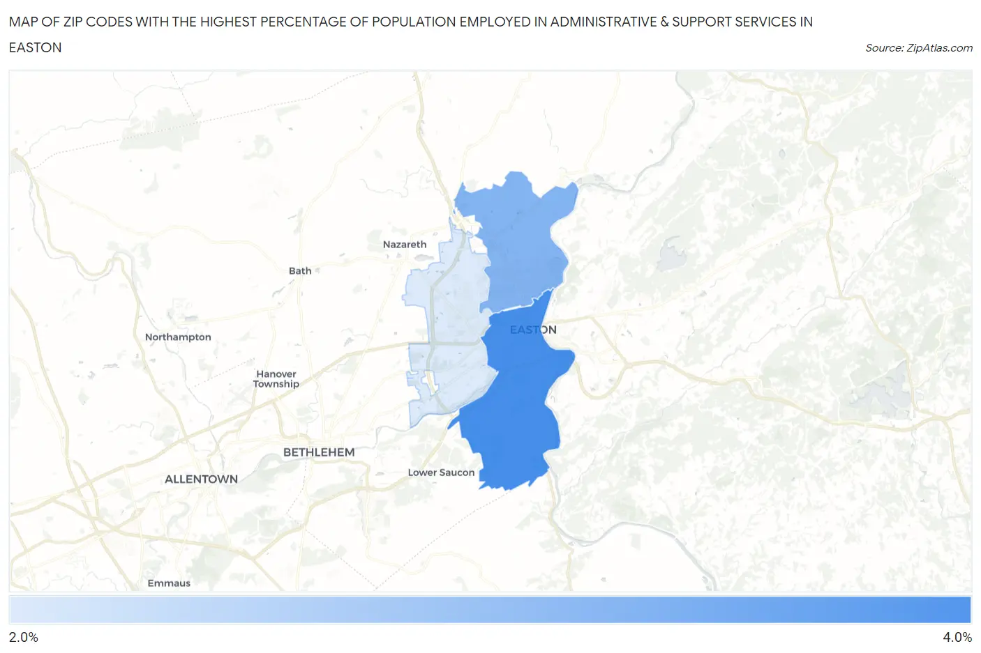 Zip Codes with the Highest Percentage of Population Employed in Administrative & Support Services in Easton Map