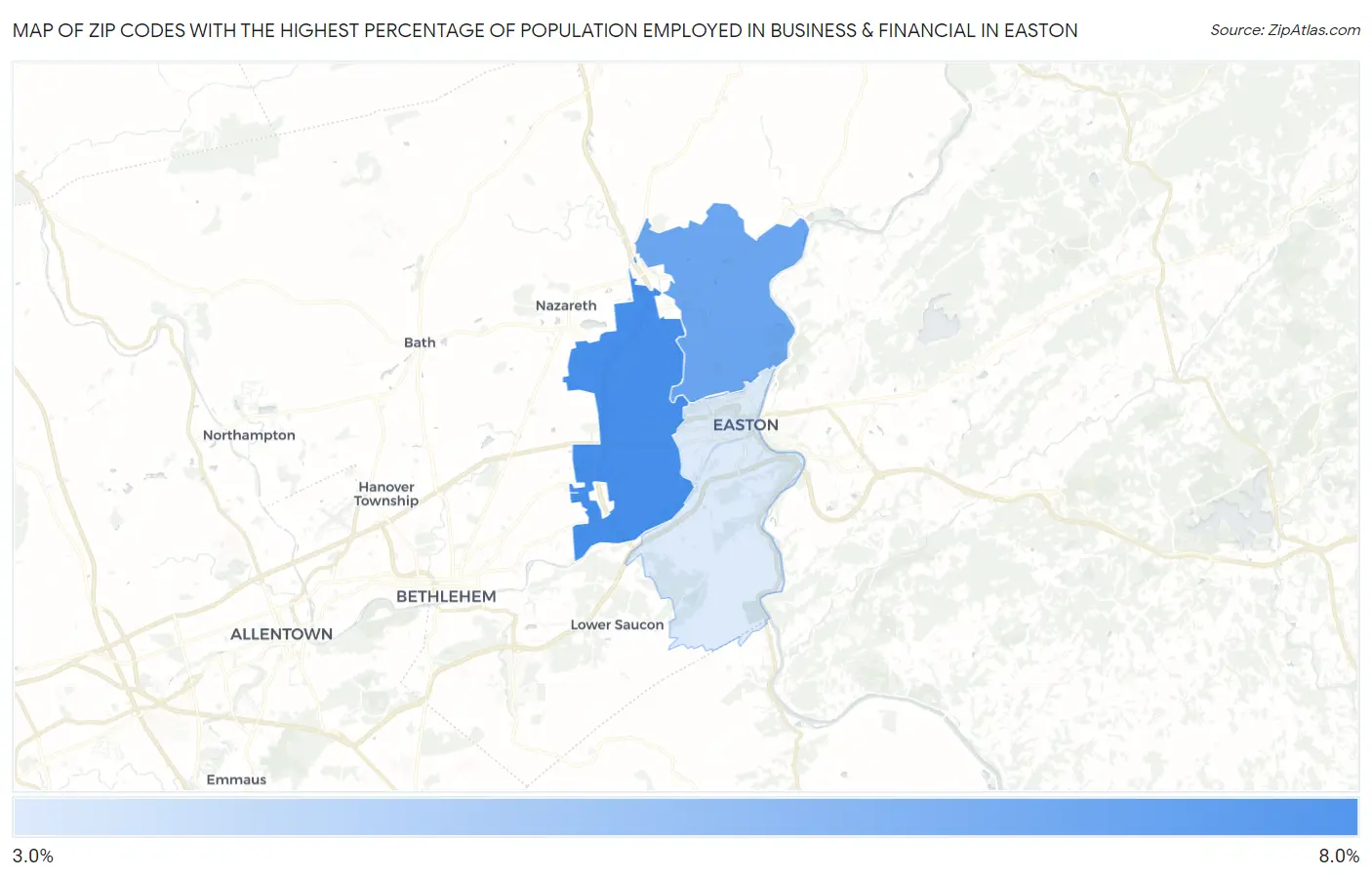 Zip Codes with the Highest Percentage of Population Employed in Business & Financial in Easton Map