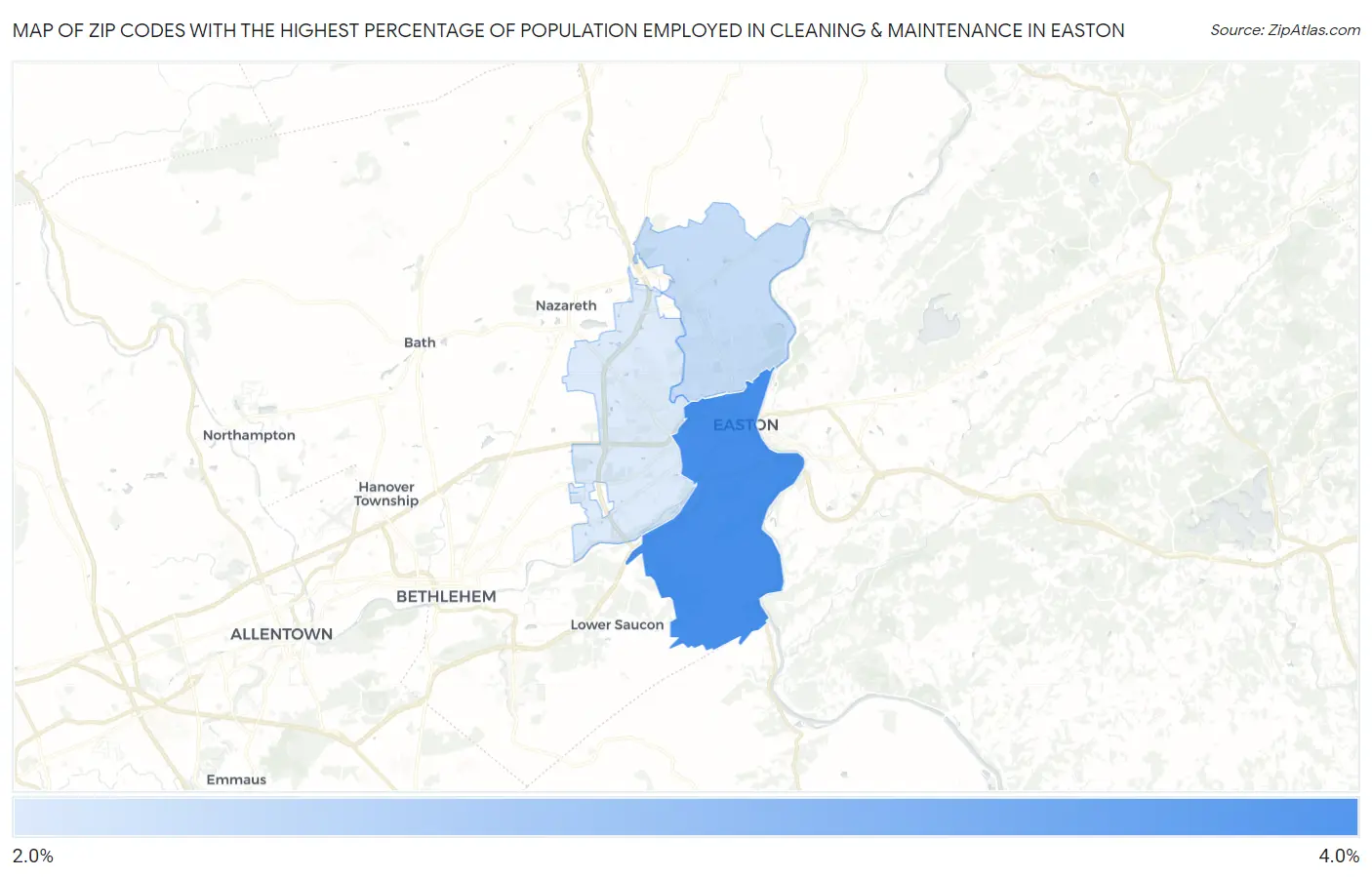 Zip Codes with the Highest Percentage of Population Employed in Cleaning & Maintenance in Easton Map