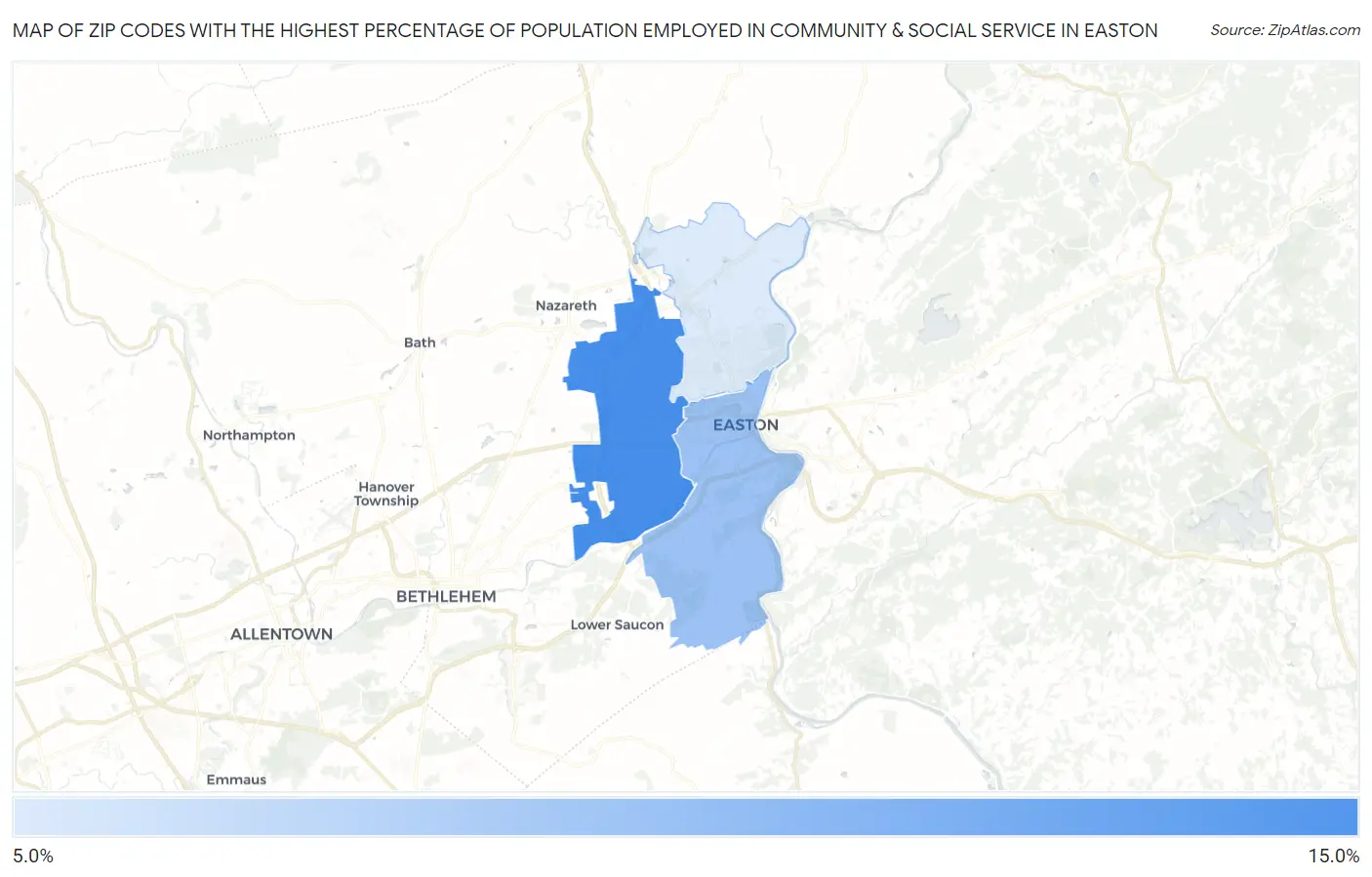 Zip Codes with the Highest Percentage of Population Employed in Community & Social Service  in Easton Map