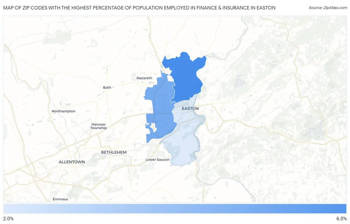 Zip Codes with the Highest Percentage of Population Employed in Finance & Insurance in Easton Map