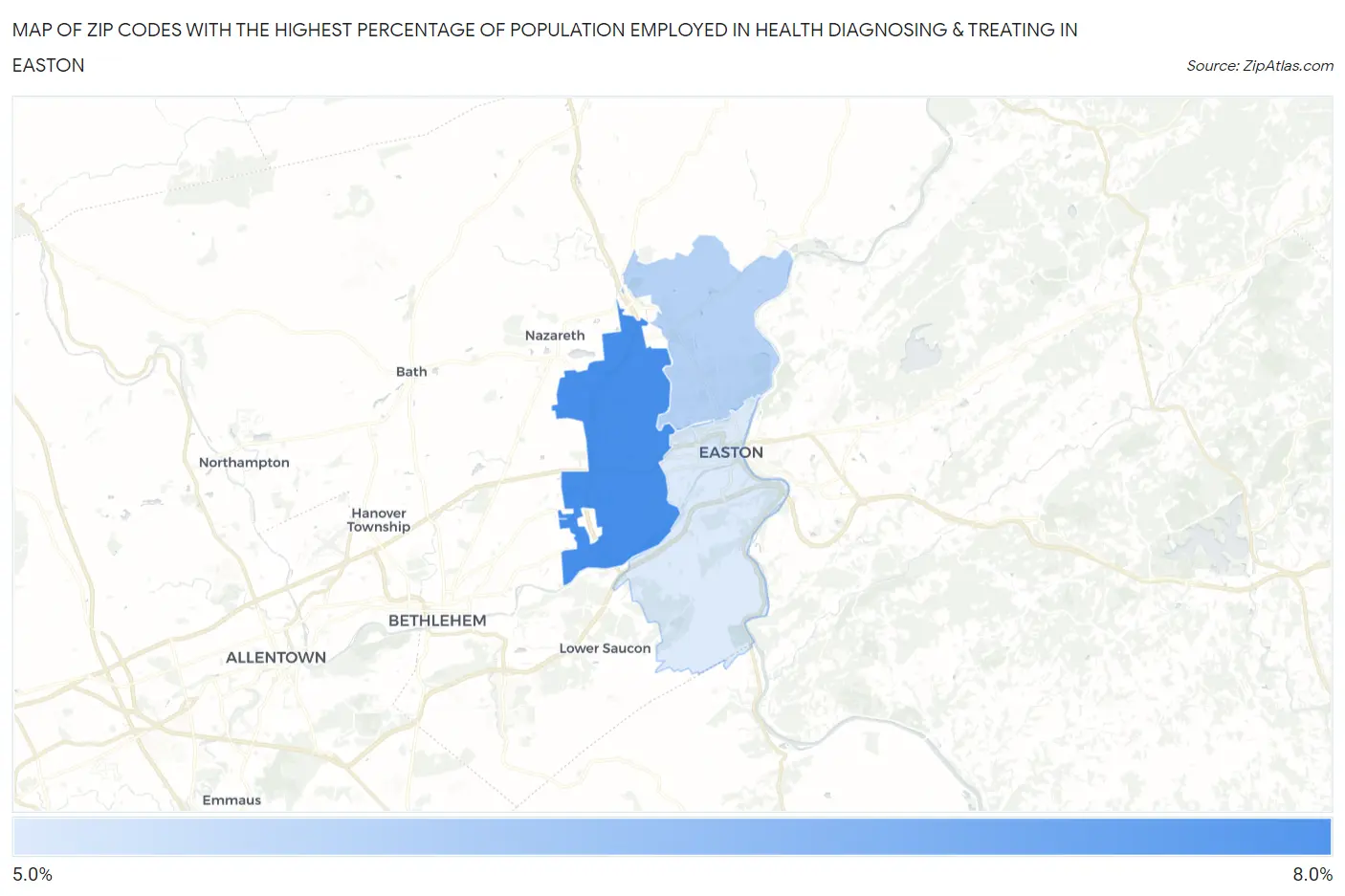 Zip Codes with the Highest Percentage of Population Employed in Health Diagnosing & Treating in Easton Map