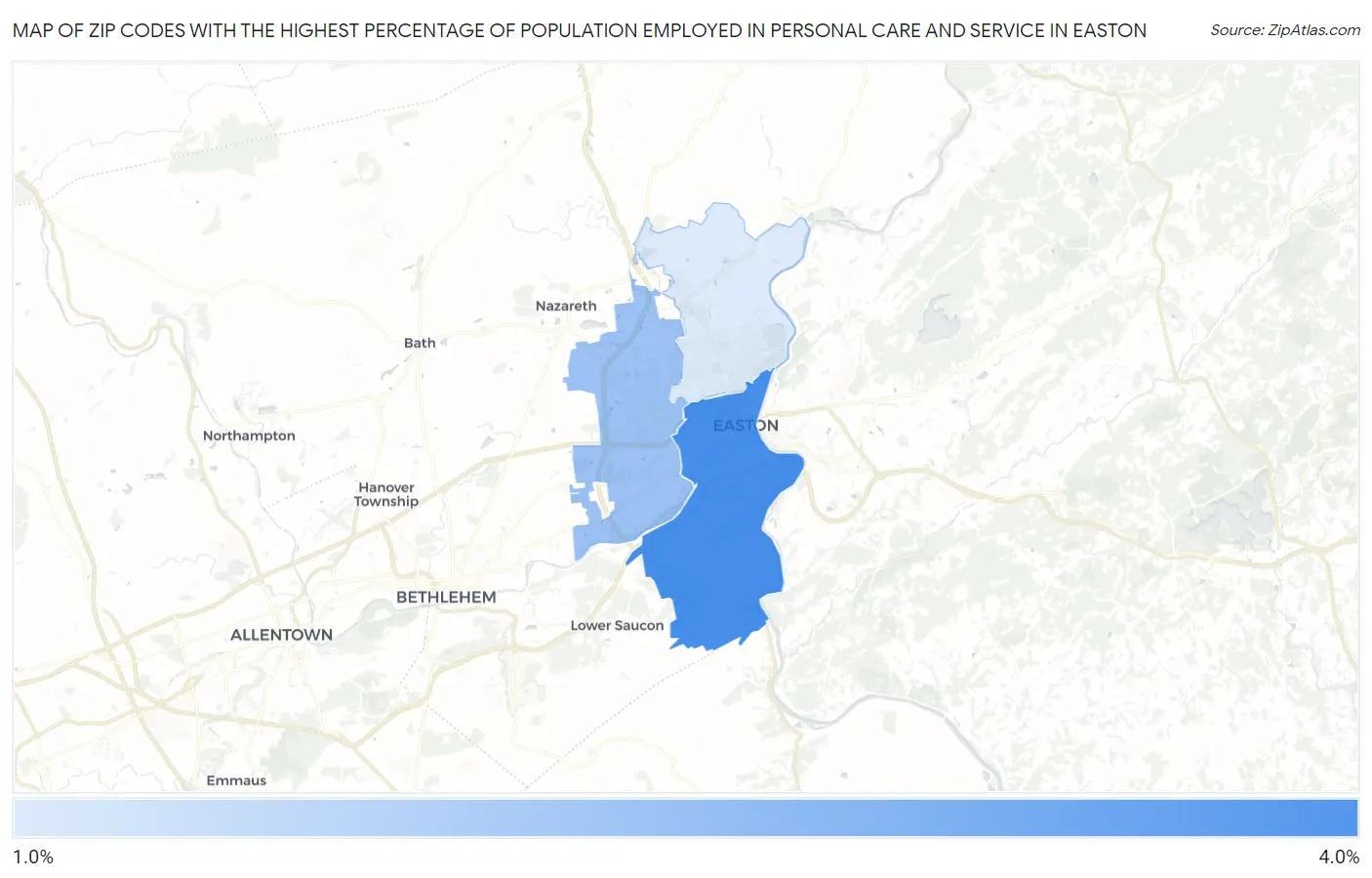 Zip Codes with the Highest Percentage of Population Employed in Personal Care and Service in Easton Map