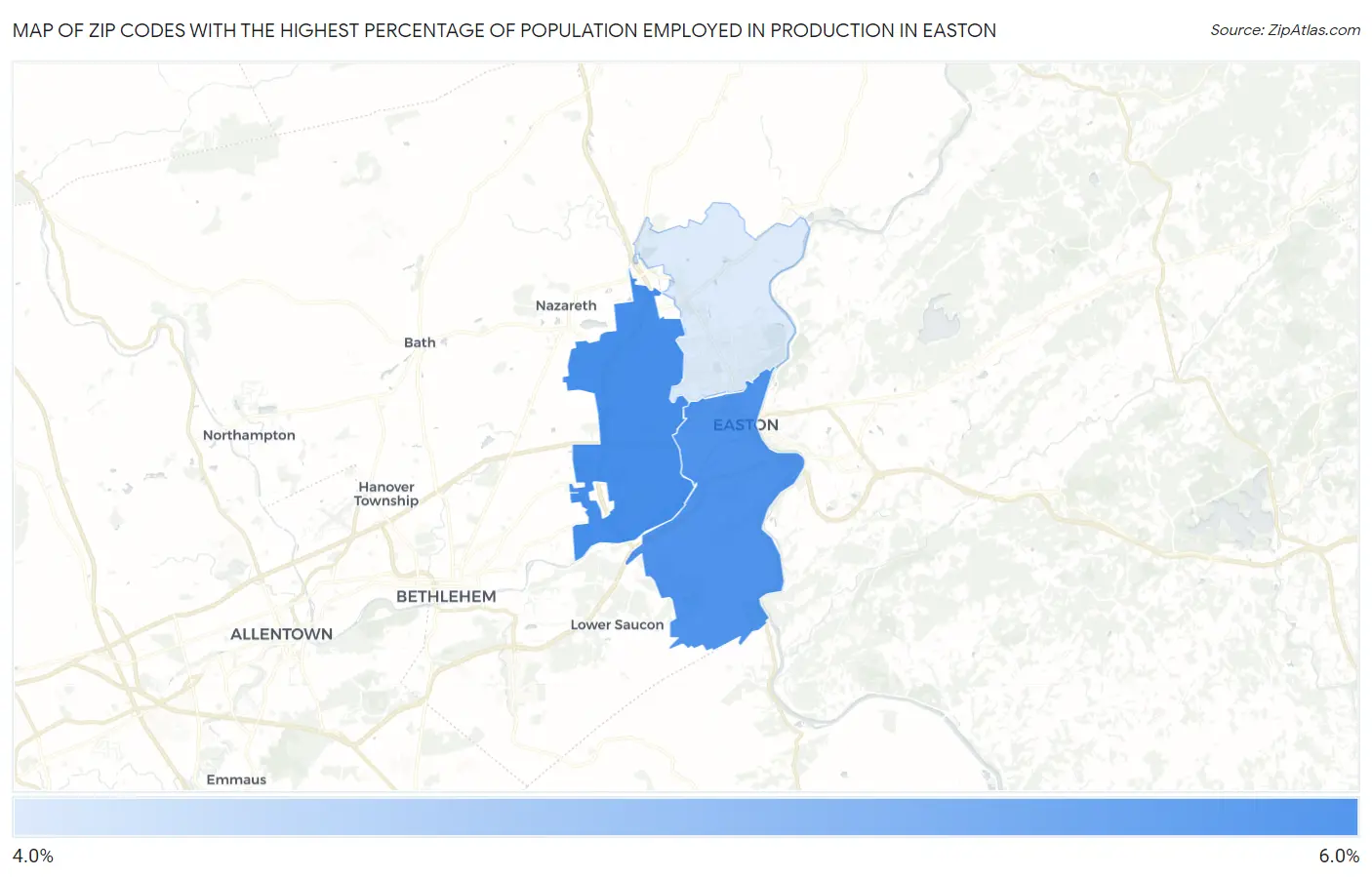 Zip Codes with the Highest Percentage of Population Employed in Production in Easton Map