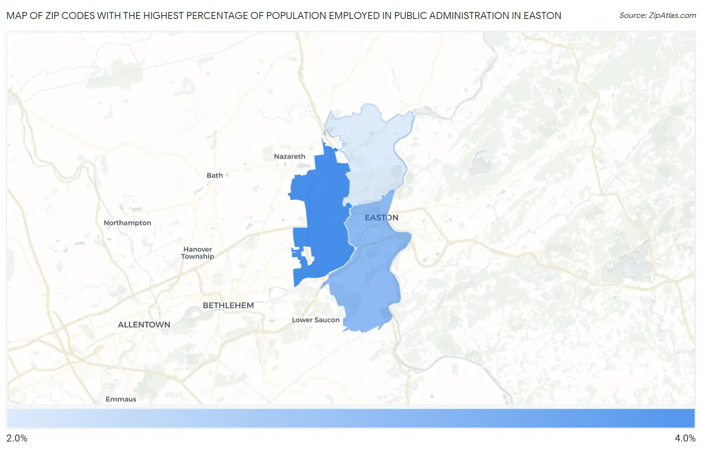 Zip Codes with the Highest Percentage of Population Employed in Public Administration in Easton Map
