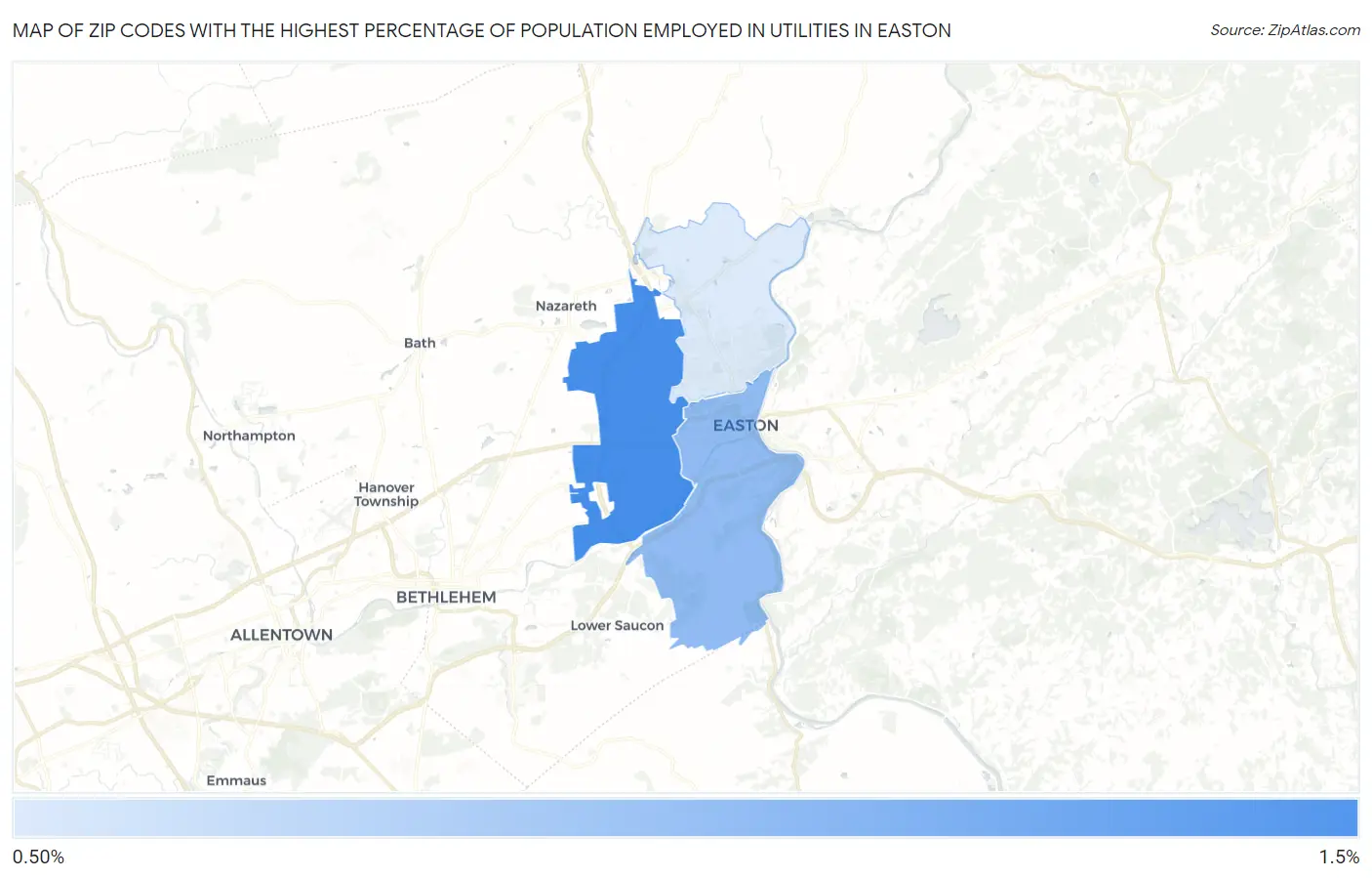Zip Codes with the Highest Percentage of Population Employed in Utilities in Easton Map