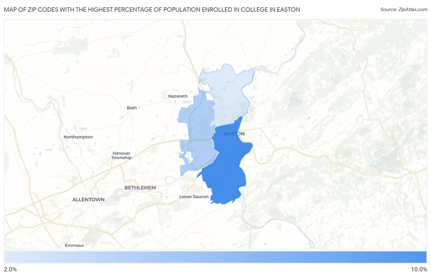 Zip Codes with the Highest Percentage of Population Enrolled in College in Easton Map