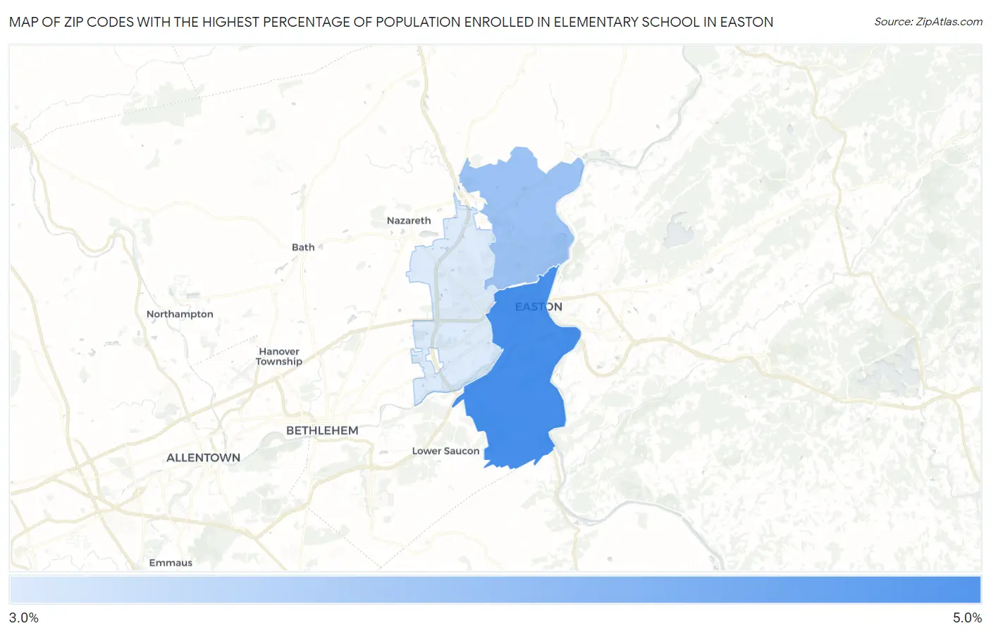 Zip Codes with the Highest Percentage of Population Enrolled in Elementary School in Easton Map