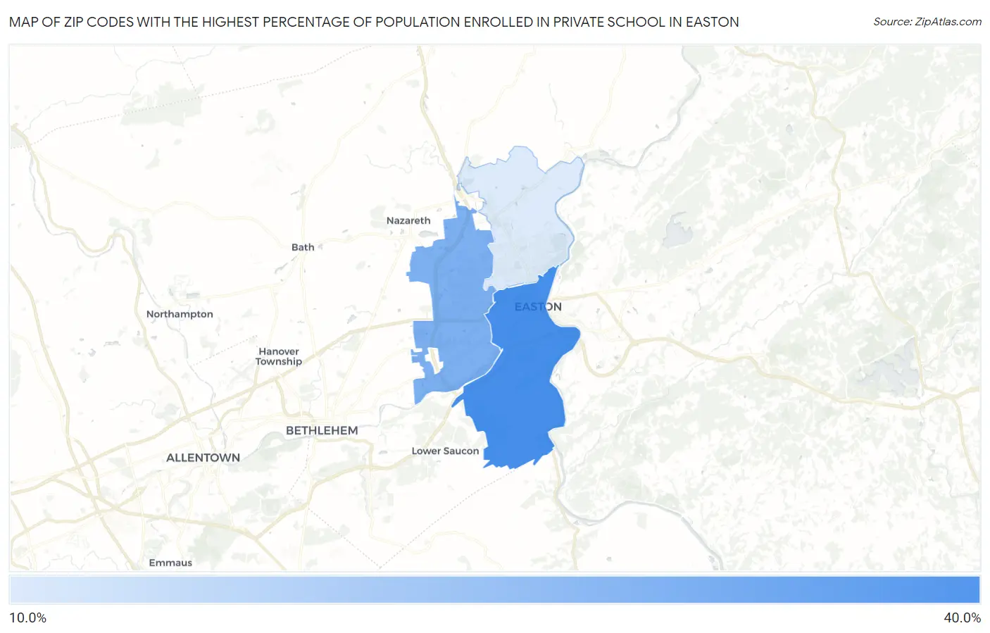 Zip Codes with the Highest Percentage of Population Enrolled in Private School in Easton Map