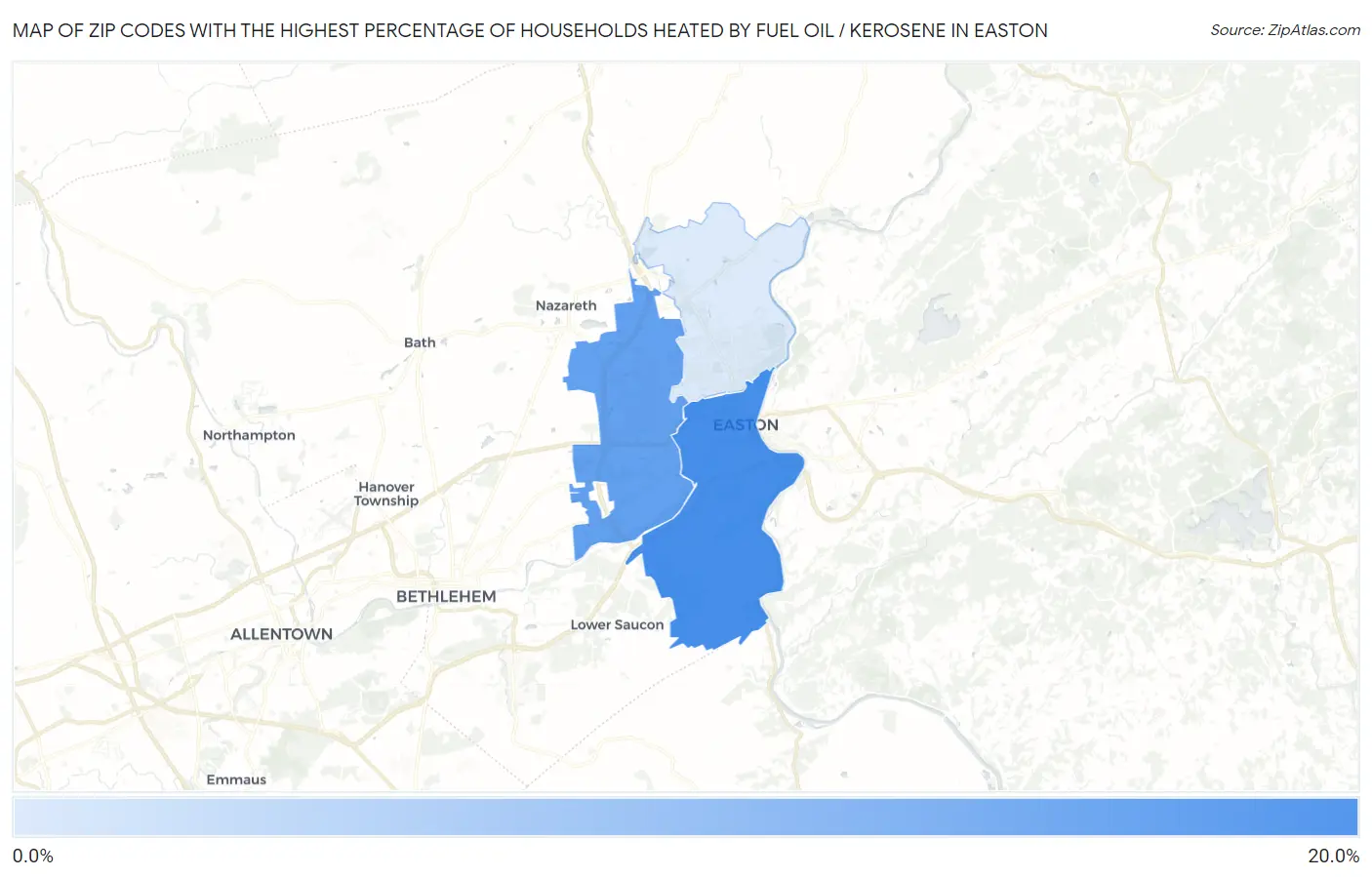 Zip Codes with the Highest Percentage of Households Heated by Fuel Oil / Kerosene in Easton Map