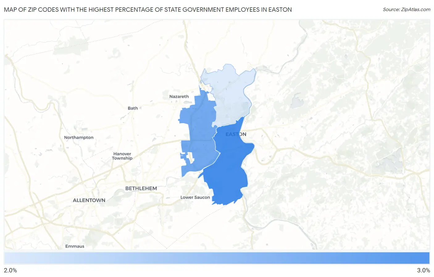 Zip Codes with the Highest Percentage of State Government Employees in Easton Map