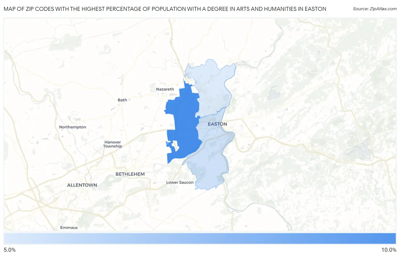 Zip Codes with the Highest Percentage of Population with a Degree in Arts and Humanities in Easton Map