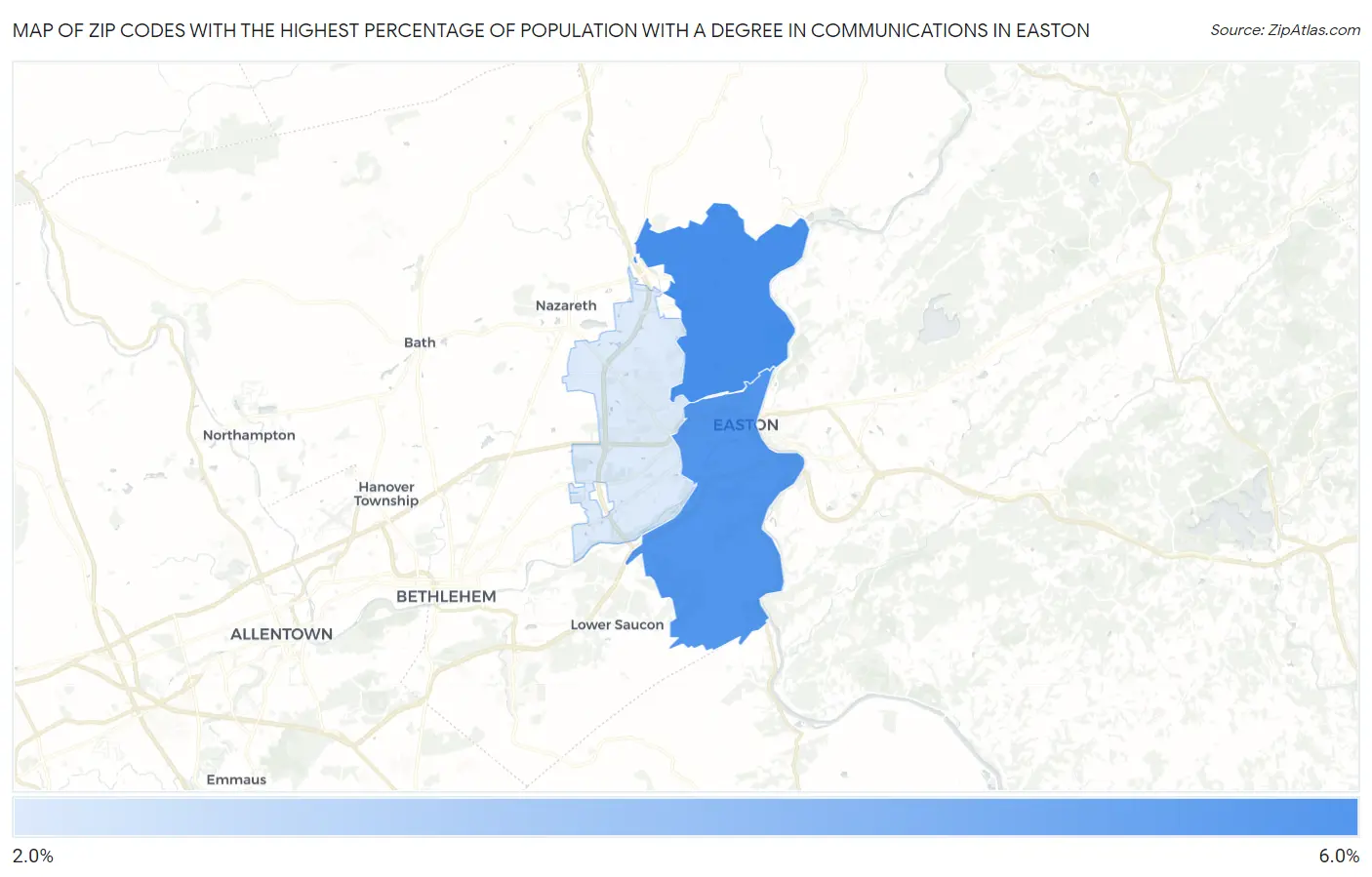 Zip Codes with the Highest Percentage of Population with a Degree in Communications in Easton Map