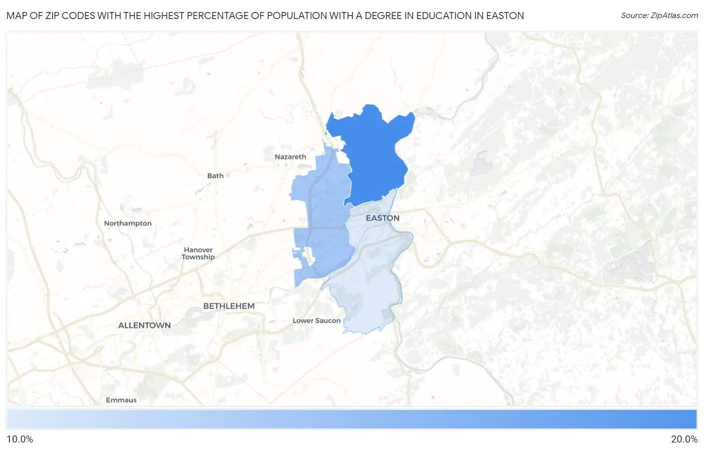 Zip Codes with the Highest Percentage of Population with a Degree in Education in Easton Map