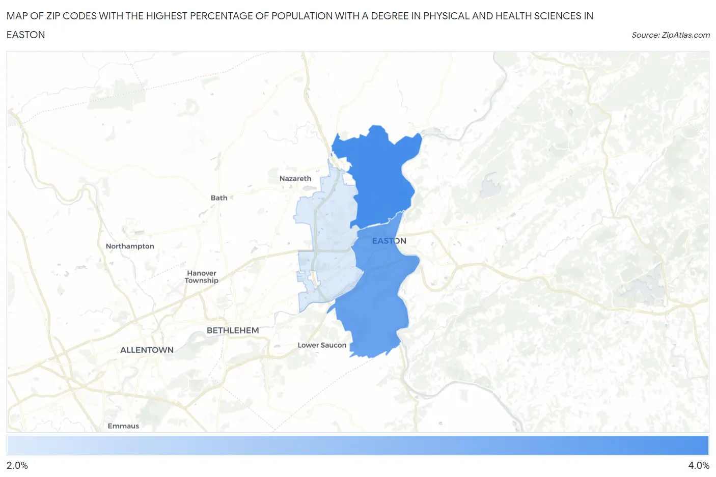 Zip Codes with the Highest Percentage of Population with a Degree in Physical and Health Sciences in Easton Map