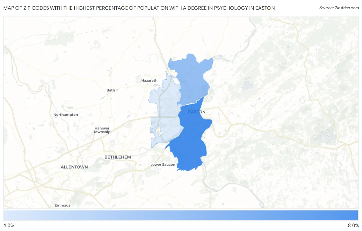 Zip Codes with the Highest Percentage of Population with a Degree in Psychology in Easton Map
