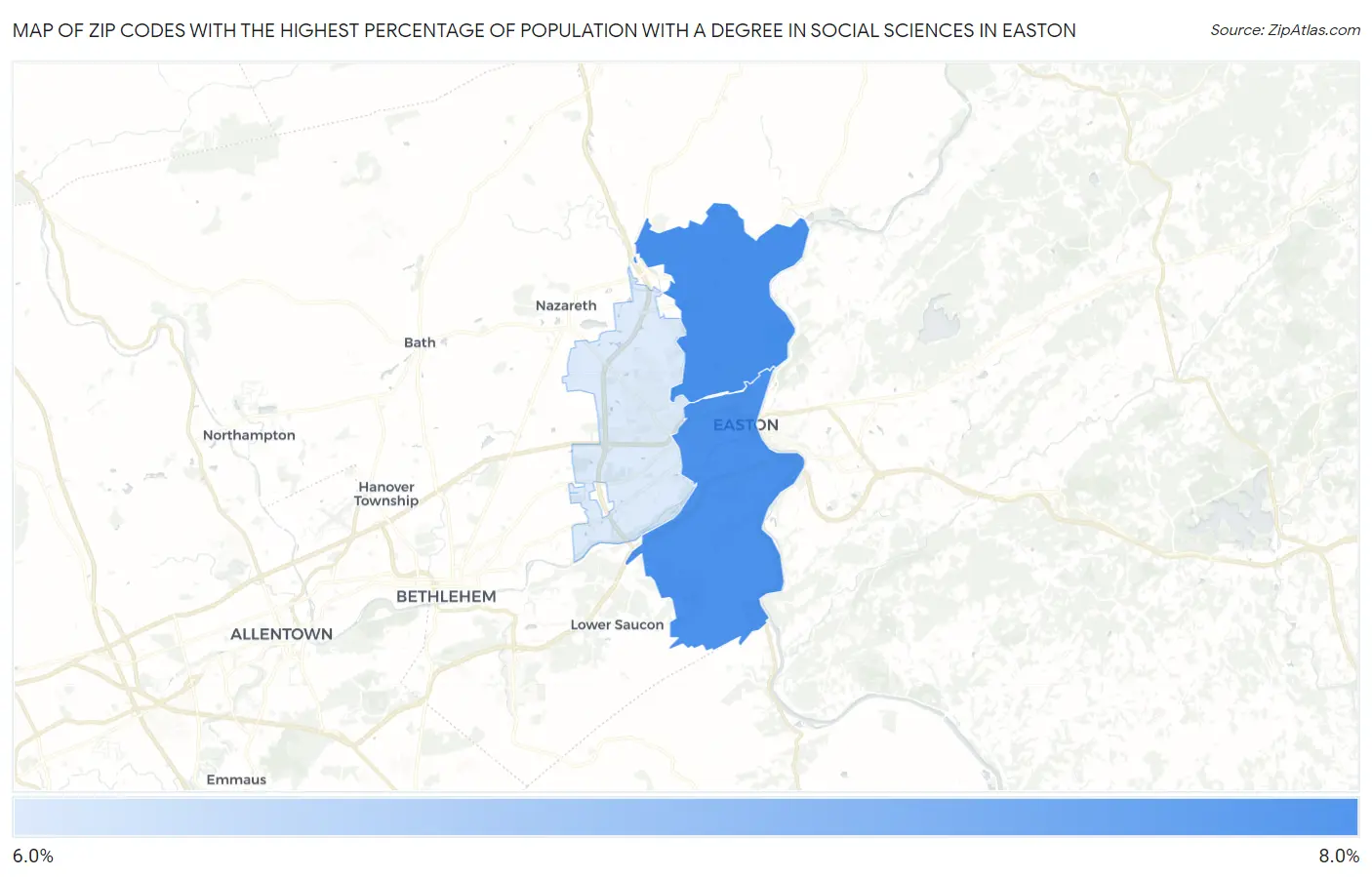 Zip Codes with the Highest Percentage of Population with a Degree in Social Sciences in Easton Map