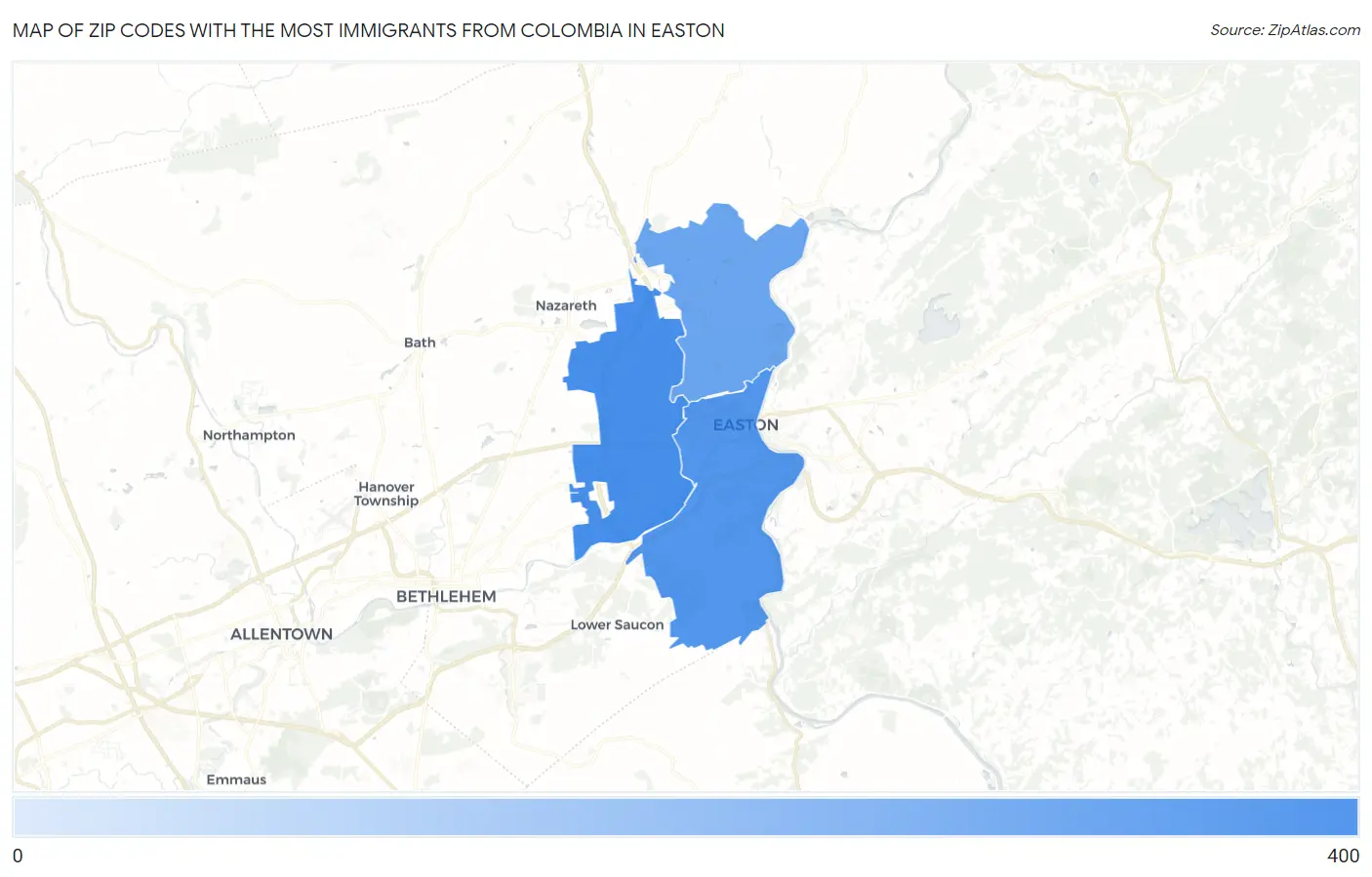 Zip Codes with the Most Immigrants from Colombia in Easton Map