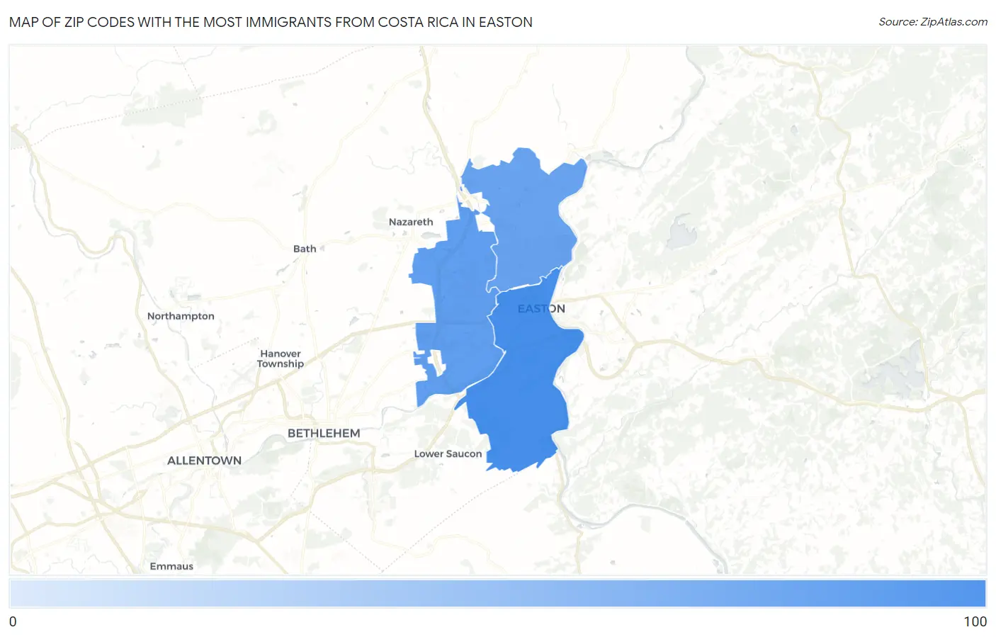 Zip Codes with the Most Immigrants from Costa Rica in Easton Map