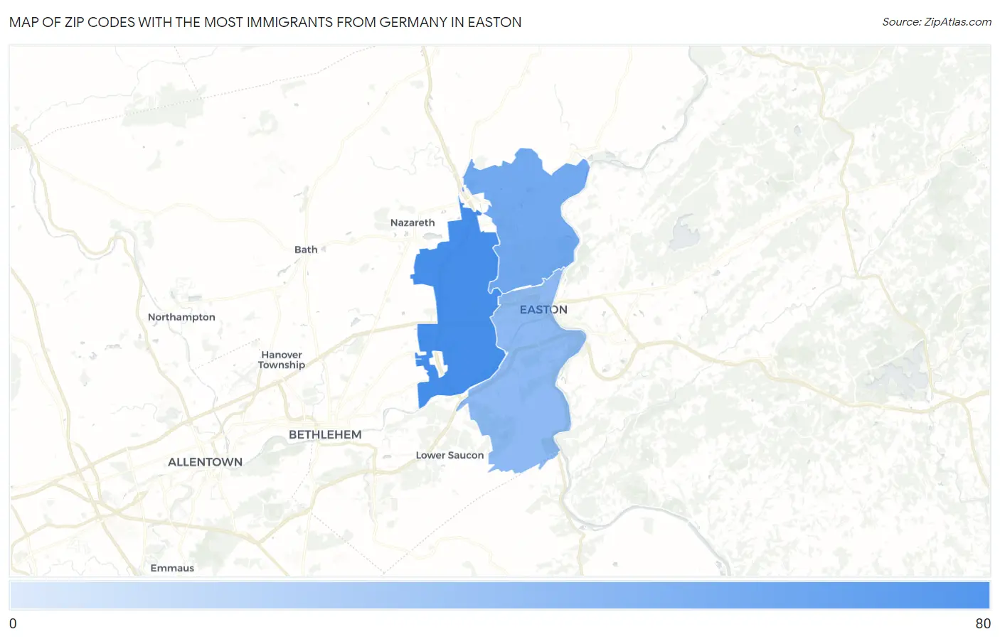 Zip Codes with the Most Immigrants from Germany in Easton Map