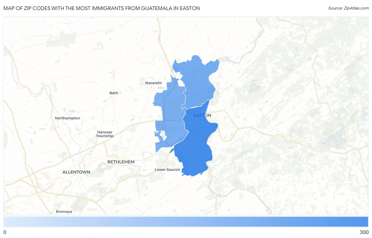 Zip Codes with the Most Immigrants from Guatemala in Easton Map
