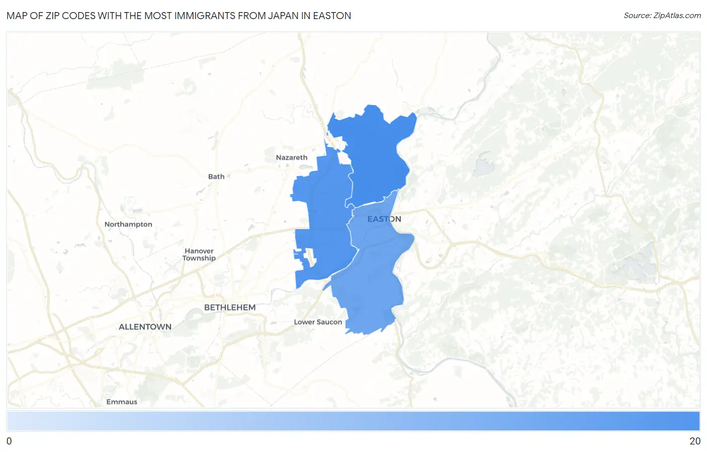 Zip Codes with the Most Immigrants from Japan in Easton Map