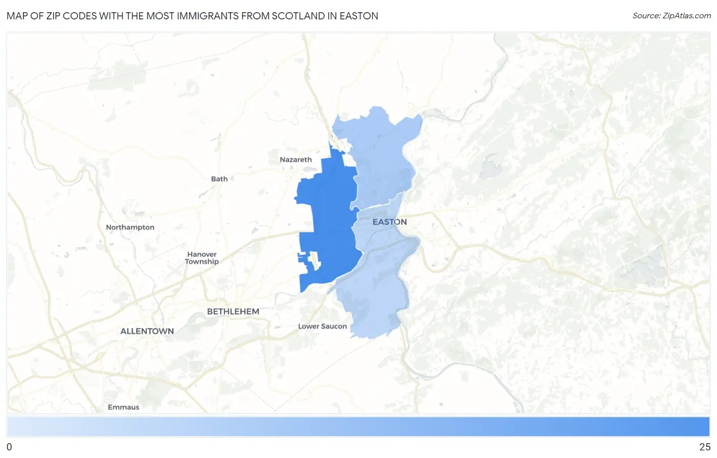Zip Codes with the Most Immigrants from Scotland in Easton Map