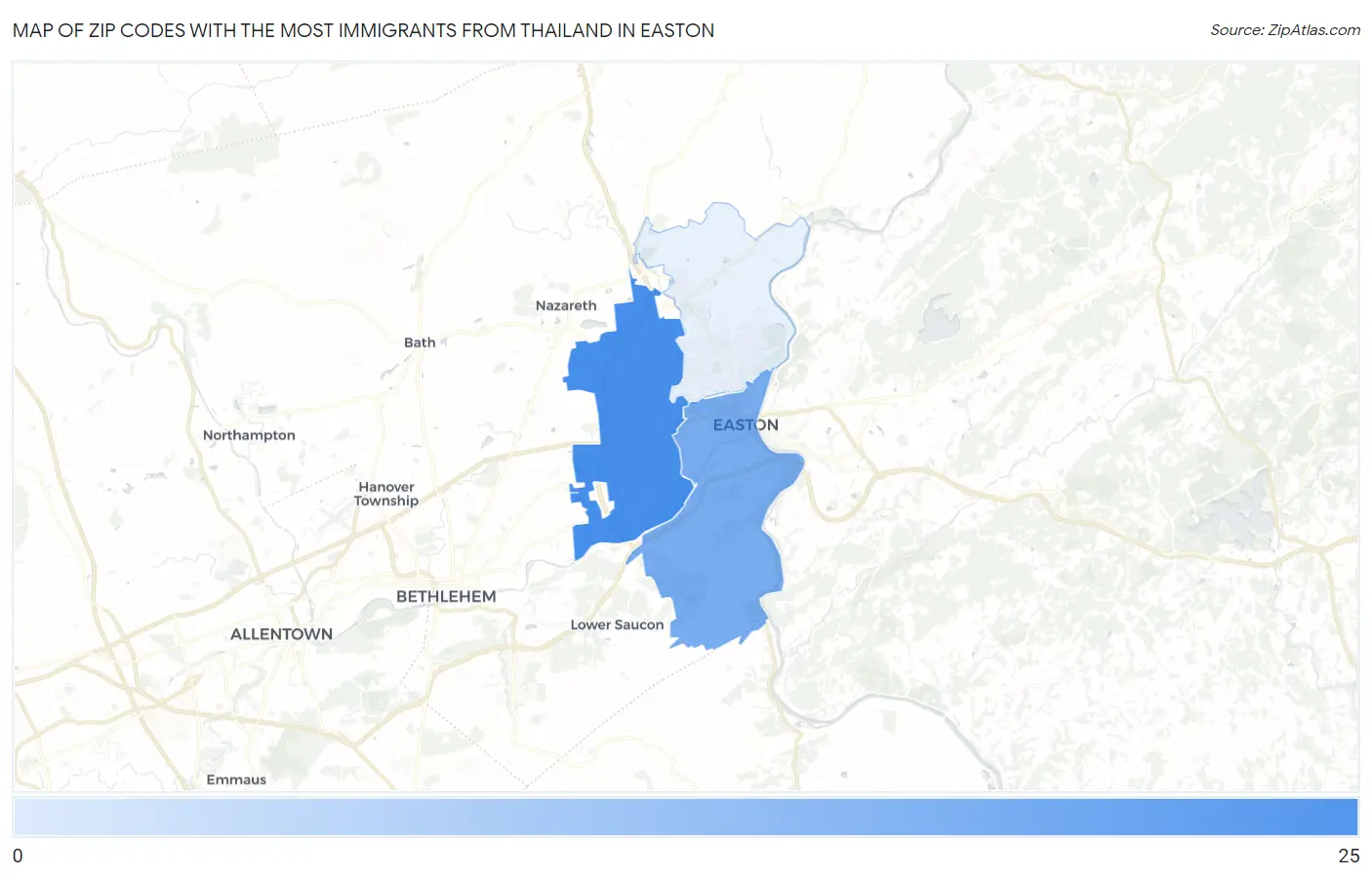 Zip Codes with the Most Immigrants from Thailand in Easton Map