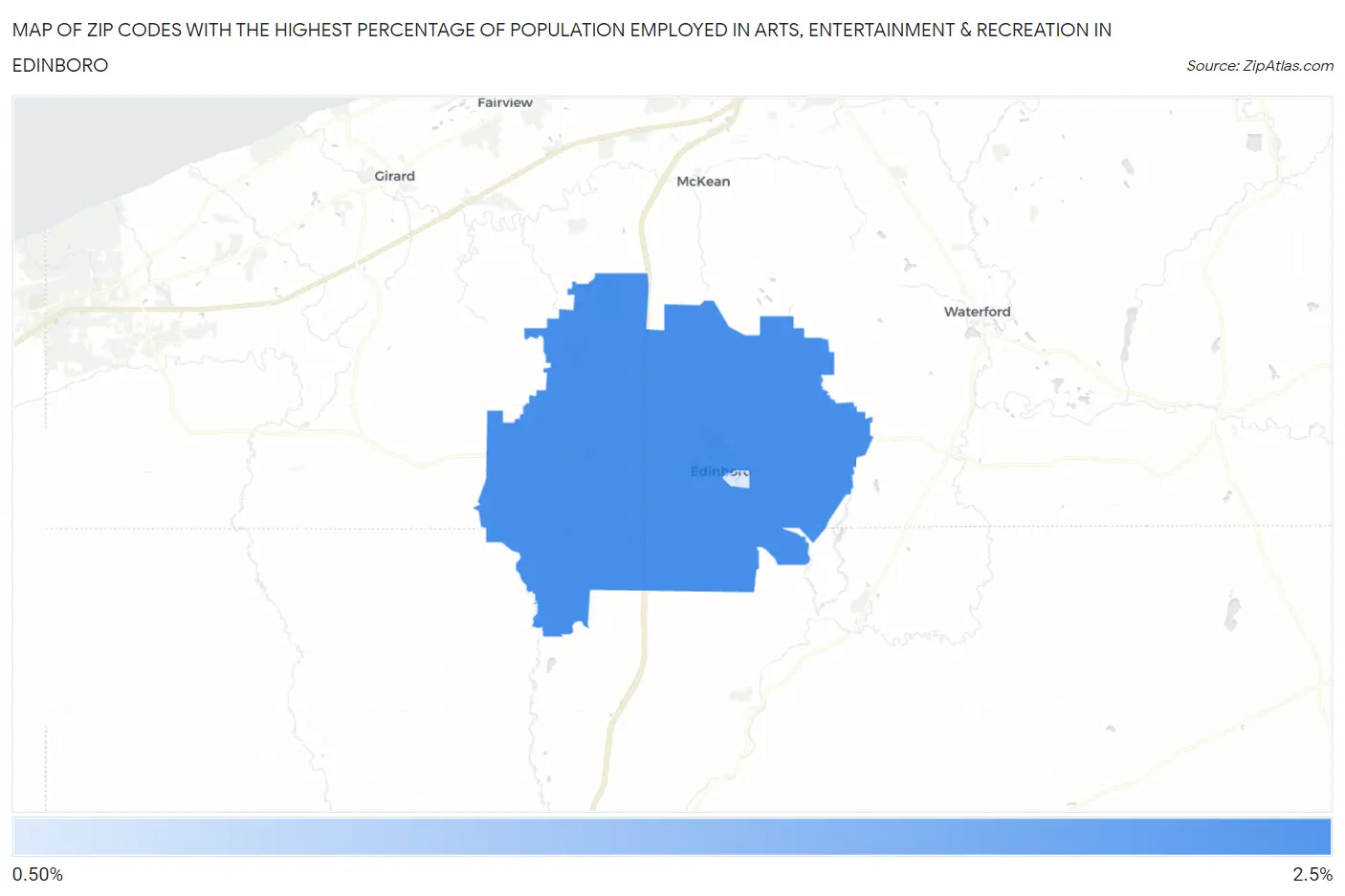 Zip Codes with the Highest Percentage of Population Employed in Arts, Entertainment & Recreation in Edinboro Map