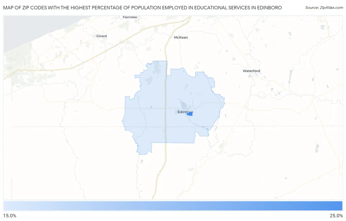 Zip Codes with the Highest Percentage of Population Employed in Educational Services in Edinboro Map