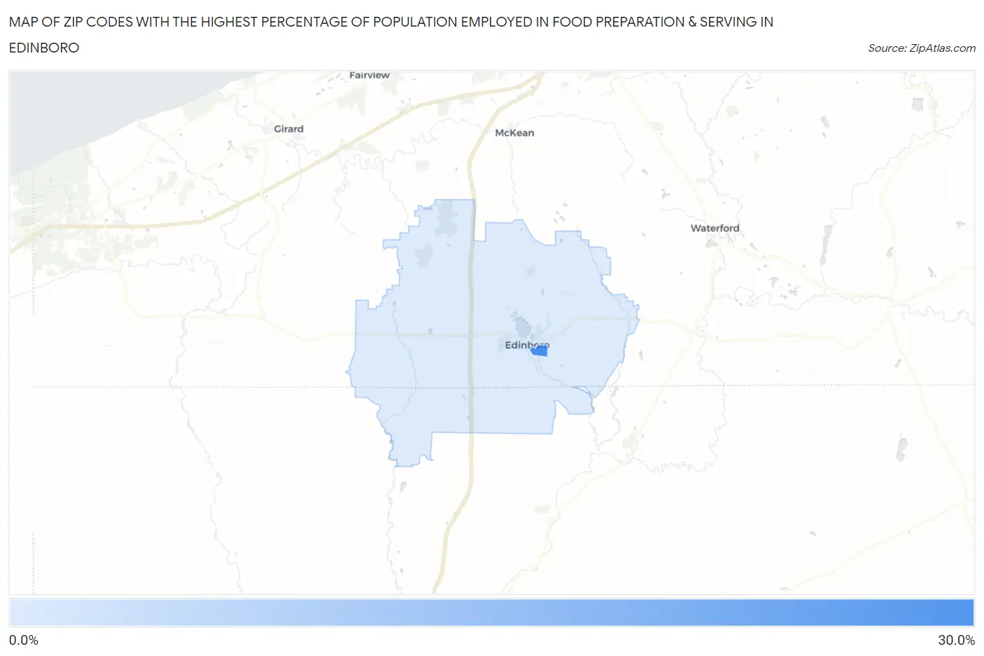 Zip Codes with the Highest Percentage of Population Employed in Food Preparation & Serving in Edinboro Map