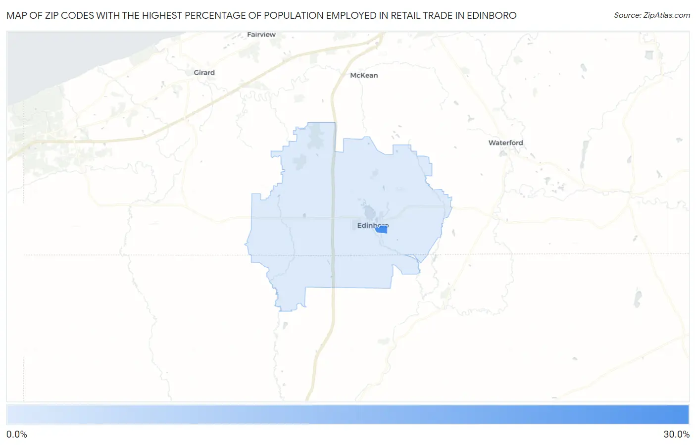 Zip Codes with the Highest Percentage of Population Employed in Retail Trade in Edinboro Map