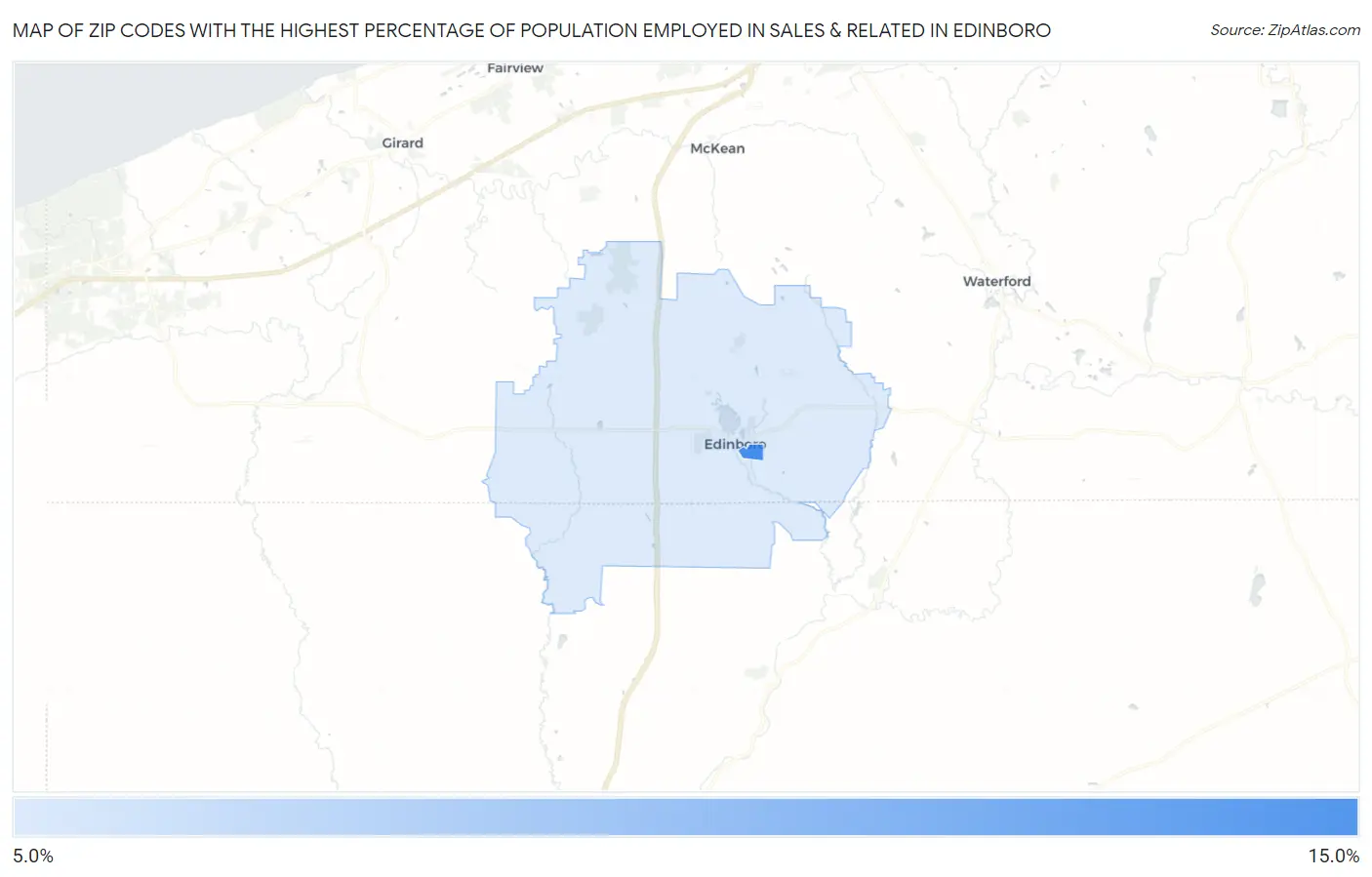 Zip Codes with the Highest Percentage of Population Employed in Sales & Related in Edinboro Map
