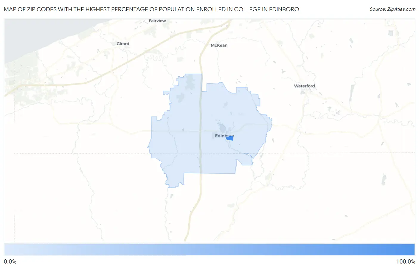 Zip Codes with the Highest Percentage of Population Enrolled in College in Edinboro Map