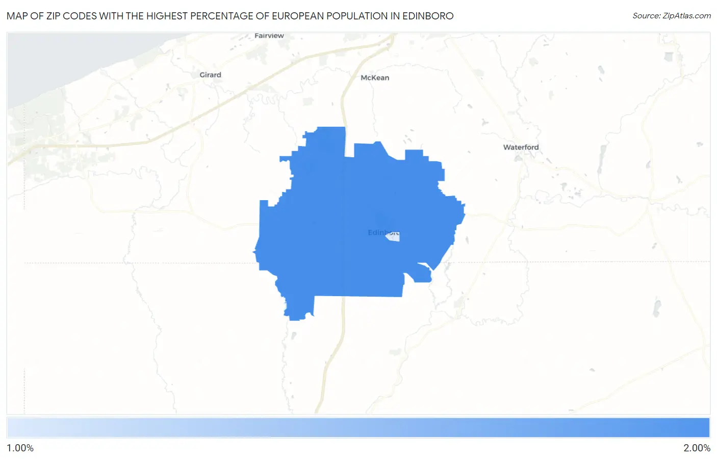 Zip Codes with the Highest Percentage of European Population in Edinboro Map