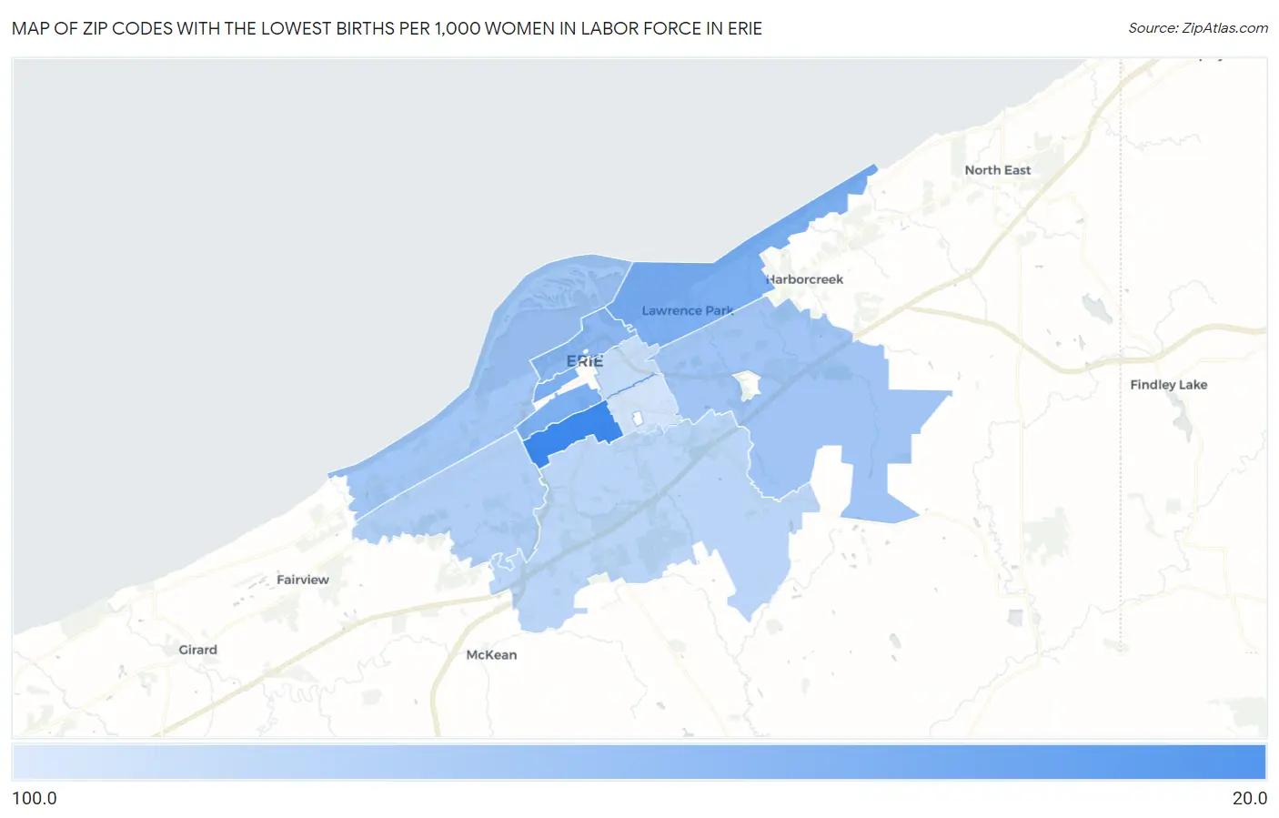 Zip Codes with the Lowest Births per 1,000 Women in Labor Force in Erie Map