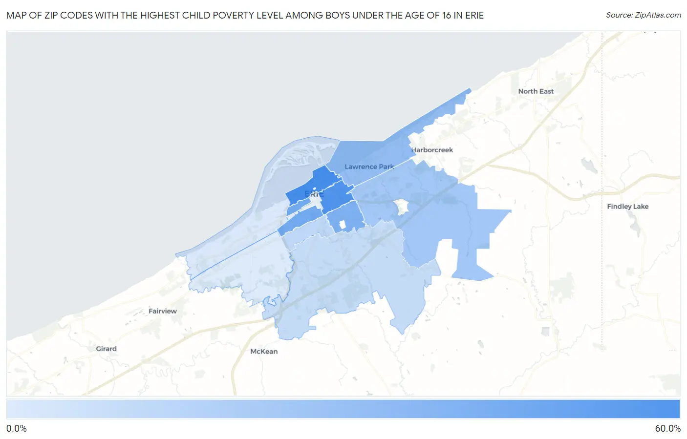 Zip Codes with the Highest Child Poverty Level Among Boys Under the Age of 16 in Erie Map