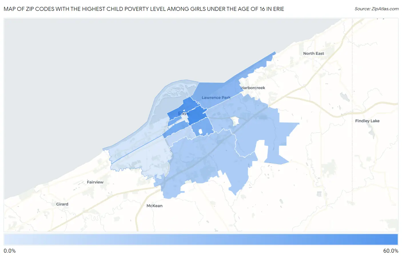 Zip Codes with the Highest Child Poverty Level Among Girls Under the Age of 16 in Erie Map