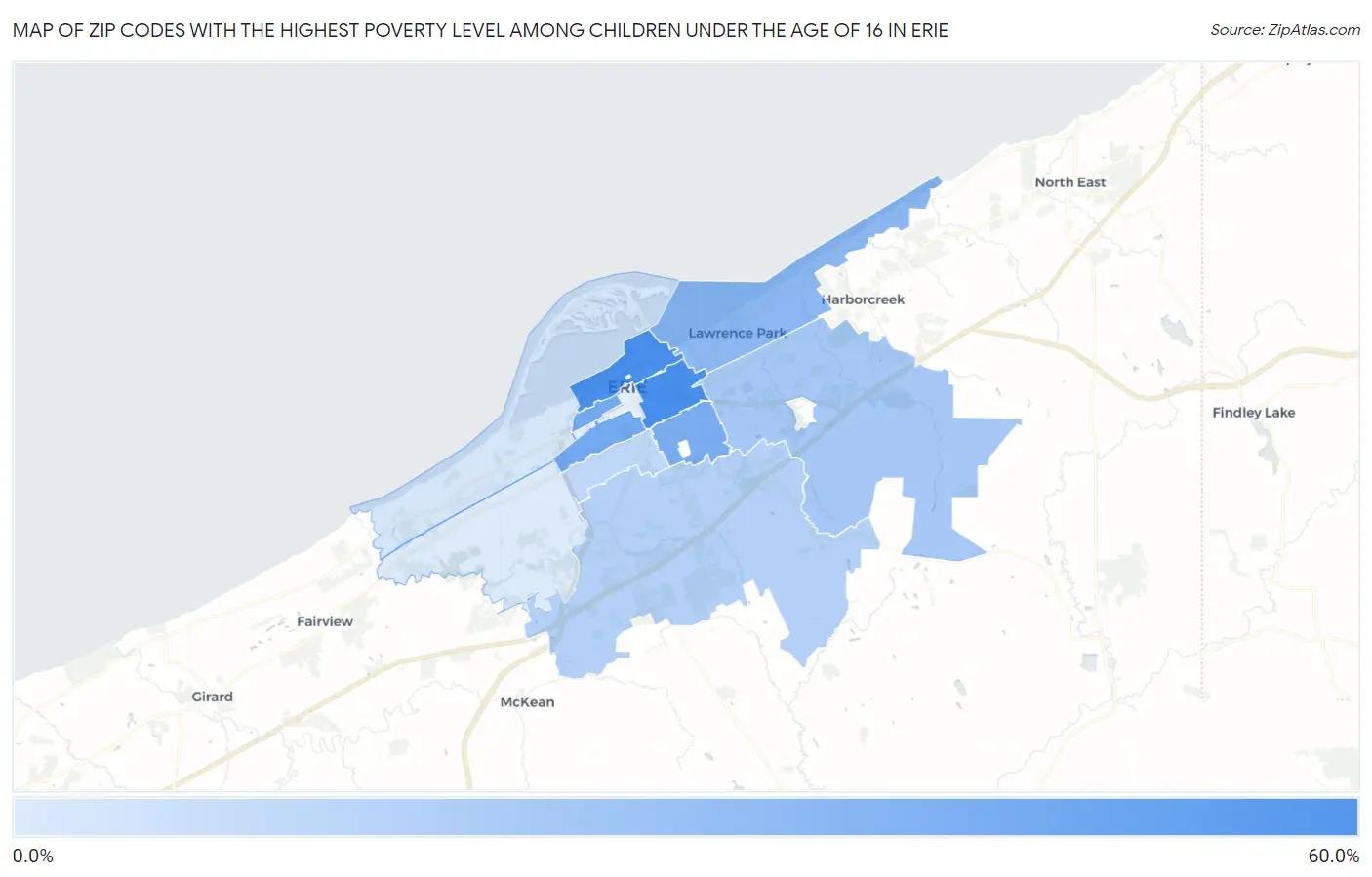 Zip Codes with the Highest Poverty Level Among Children Under the Age of 16 in Erie Map