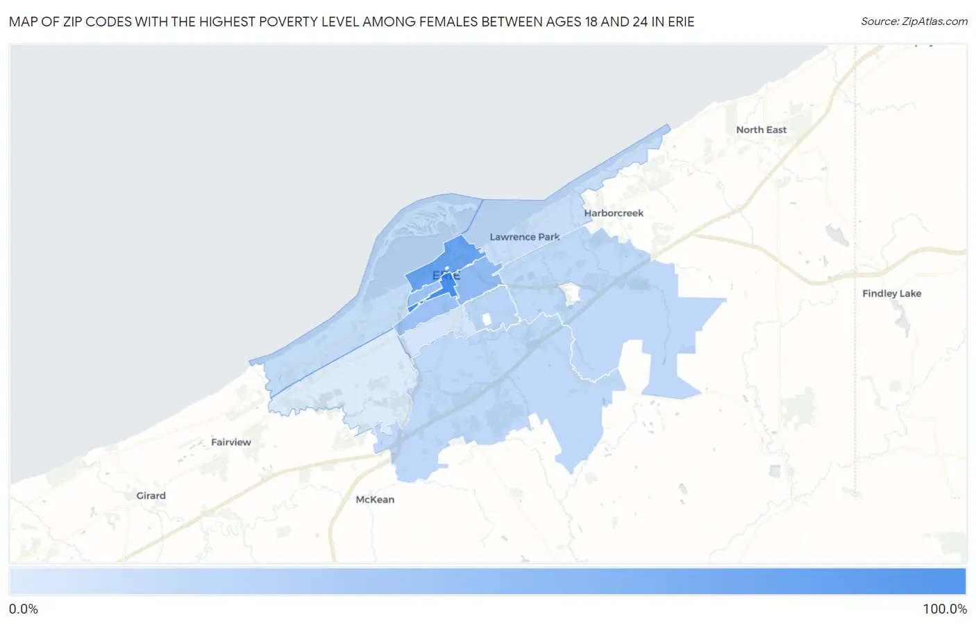 Zip Codes with the Highest Poverty Level Among Females Between Ages 18 and 24 in Erie Map